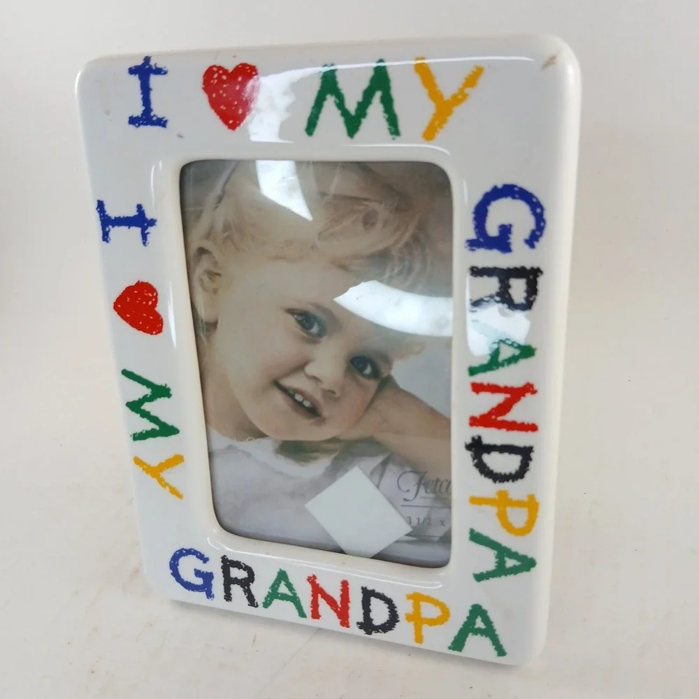 I Love My Grandpa Picture Frame 4x6 White Ceramic Colorful ROC Taiwan Heart